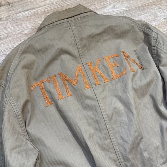 Vintage 40s Timken Steel Chain stitch Hbt Shop Coat WWII Brass Laurel Buttons